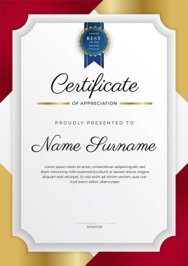 Takdir belgesi şablonu, altın ve kırmızı renk. Altın rozetli temiz modern sertifika. Lüks ve modern sınır şablonu sertifikası. Diploma vektör şablonu