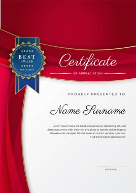Takdir belgesi şablonu, altın ve kırmızı renk. Altın rozetli temiz modern sertifika. Lüks ve modern sınır şablonu sertifikası. Diploma vektör şablonu
