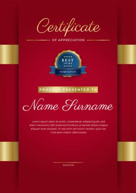 Takdir belgesi şablonu, altın ve kırmızı renk. Altın rozetli temiz modern sertifika. Lüks ve modern sınır şablonu sertifikası. Diploma vektör şablonu