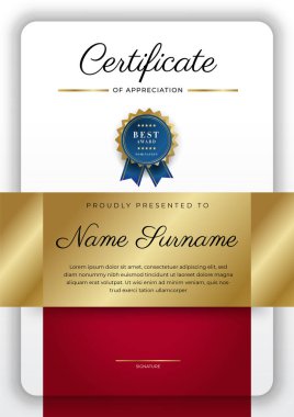 Takdir belgesi şablonu, altın ve kırmızı renk. Altın rozetli temiz modern sertifika. Lüks ve modern sınır şablonu sertifikası. Diploma vektör şablonu