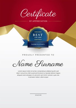 Takdir belgesi şablonu, altın ve kırmızı renk. Altın rozetli temiz modern sertifika. Lüks ve modern sınır şablonu sertifikası. Diploma vektör şablonu