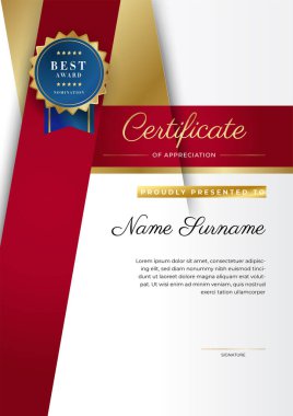 Takdir belgesi şablonu, altın ve kırmızı renk. Altın rozetli temiz modern sertifika. Lüks ve modern sınır şablonu sertifikası. Diploma vektör şablonu