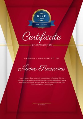 Takdir belgesi şablonu, altın ve kırmızı renk. Altın rozetli temiz modern sertifika. Lüks ve modern sınır şablonu sertifikası. Diploma vektör şablonu