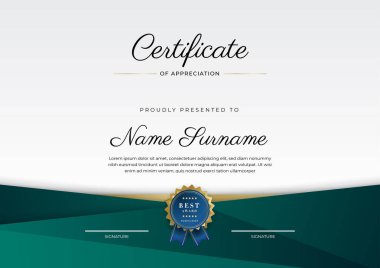 Takdir belgesi, altın ve siyah yeşil renk. Altın rozetli temiz modern sertifika. Lüks ve modern sınır şablonu sertifikası. Diploma vektör şablonu