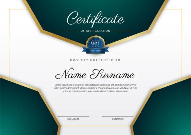 Takdir belgesi, altın ve siyah yeşil renk. Altın rozetli temiz modern sertifika. Lüks ve modern sınır şablonu sertifikası. Diploma vektör şablonu