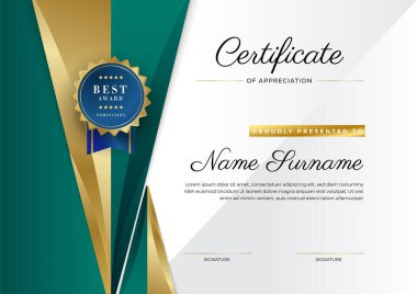 Takdir belgesi, altın ve siyah yeşil renk. Altın rozetli temiz modern sertifika. Lüks ve modern sınır şablonu sertifikası. Diploma vektör şablonu