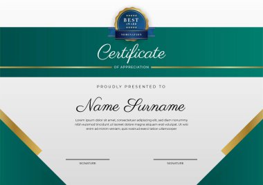 Takdir belgesi, altın ve siyah yeşil renk. Altın rozetli temiz modern sertifika. Lüks ve modern sınır şablonu sertifikası. Diploma vektör şablonu
