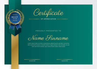 Takdir belgesi, altın ve siyah yeşil renk. Altın rozetli temiz modern sertifika. Lüks ve modern sınır şablonu sertifikası. Diploma vektör şablonu