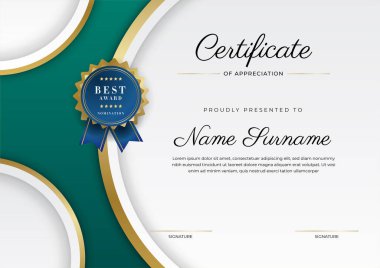 Takdir belgesi, altın ve siyah yeşil renk. Altın rozetli temiz modern sertifika. Lüks ve modern sınır şablonu sertifikası. Diploma vektör şablonu