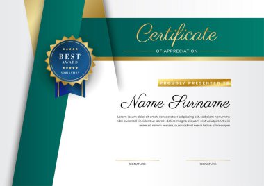 Takdir belgesi, altın ve siyah yeşil renk. Altın rozetli temiz modern sertifika. Lüks ve modern sınır şablonu sertifikası. Diploma vektör şablonu