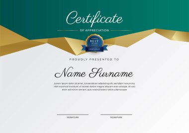 Takdir belgesi, altın ve siyah yeşil renk. Altın rozetli temiz modern sertifika. Lüks ve modern sınır şablonu sertifikası. Diploma vektör şablonu