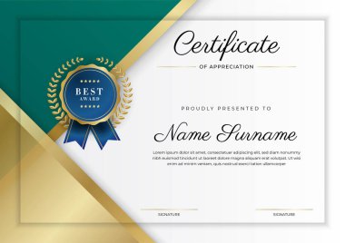 Takdir belgesi, altın ve siyah yeşil renk. Altın rozetli temiz modern sertifika. Lüks ve modern sınır şablonu sertifikası. Diploma vektör şablonu
