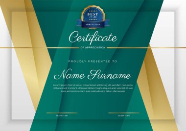 Takdir belgesi, altın ve siyah yeşil renk. Altın rozetli temiz modern sertifika. Lüks ve modern sınır şablonu sertifikası. Diploma vektör şablonu