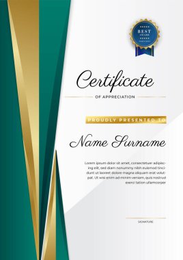 Takdir belgesi, altın ve siyah yeşil renk. Altın rozetli temiz modern sertifika. Lüks ve modern sınır şablonu sertifikası. Diploma vektör şablonu