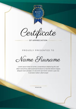 Takdir belgesi, altın ve siyah yeşil renk. Altın rozetli temiz modern sertifika. Lüks ve modern sınır şablonu sertifikası. Diploma vektör şablonu