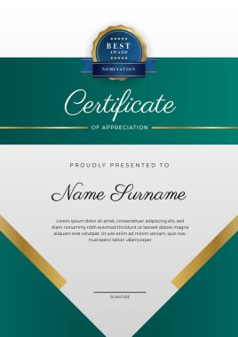 Takdir belgesi, altın ve siyah yeşil renk. Altın rozetli temiz modern sertifika. Lüks ve modern sınır şablonu sertifikası. Diploma vektör şablonu