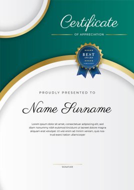 Takdir belgesi, altın ve siyah yeşil renk. Altın rozetli temiz modern sertifika. Lüks ve modern sınır şablonu sertifikası. Diploma vektör şablonu