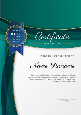 Takdir belgesi, altın ve siyah yeşil renk. Altın rozetli temiz modern sertifika. Lüks ve modern sınır şablonu sertifikası. Diploma vektör şablonu