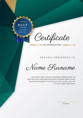 Takdir belgesi, altın ve siyah yeşil renk. Altın rozetli temiz modern sertifika. Lüks ve modern sınır şablonu sertifikası. Diploma vektör şablonu