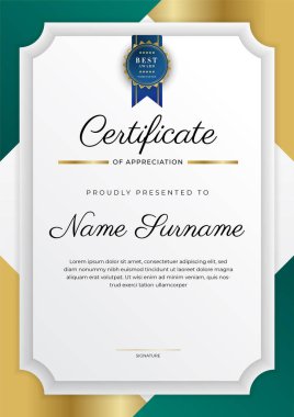 Takdir belgesi, altın ve siyah yeşil renk. Altın rozetli temiz modern sertifika. Lüks ve modern sınır şablonu sertifikası. Diploma vektör şablonu