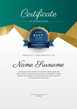 Takdir belgesi, altın ve siyah yeşil renk. Altın rozetli temiz modern sertifika. Lüks ve modern sınır şablonu sertifikası. Diploma vektör şablonu