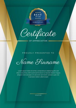 Takdir belgesi, altın ve siyah yeşil renk. Altın rozetli temiz modern sertifika. Lüks ve modern sınır şablonu sertifikası. Diploma vektör şablonu