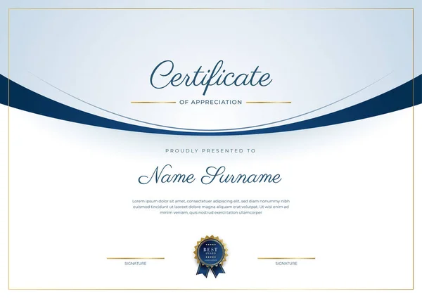 Plantilla Certificado Agradecimiento Oro Color Azul Certificado Moderno Limpio Con — Vector de stock