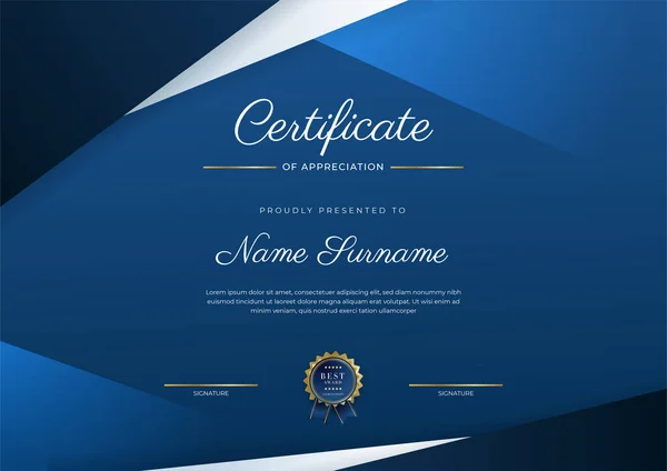 Certificaat Van Waardering Sjabloon Goud Blauwe Kleur Schoon Modern Certificaat — Stockvector