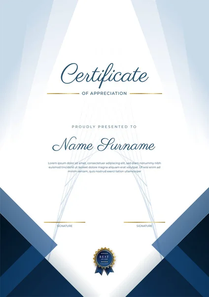 Plantilla Certificado Agradecimiento Oro Color Azul Certificado Moderno Limpio Con — Vector de stock