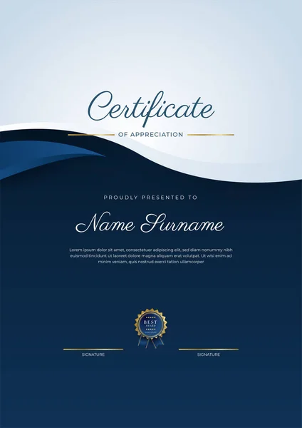 Certificate Appreciation Template Gold Blue Color Clean Modern Certificate Gold — Stock Vector