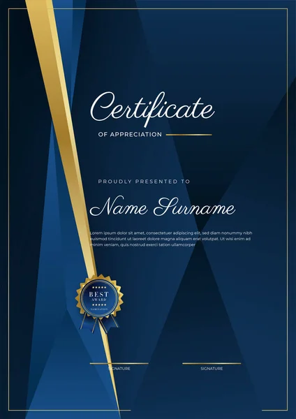 Certificate Appreciation Template Gold Blue Color Clean Modern Certificate Gold — Stock Vector