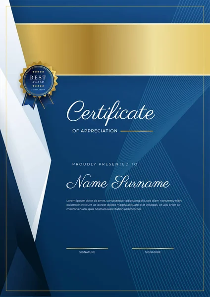 Plantilla Certificado Agradecimiento Oro Color Azul Certificado Moderno Limpio Con — Vector de stock