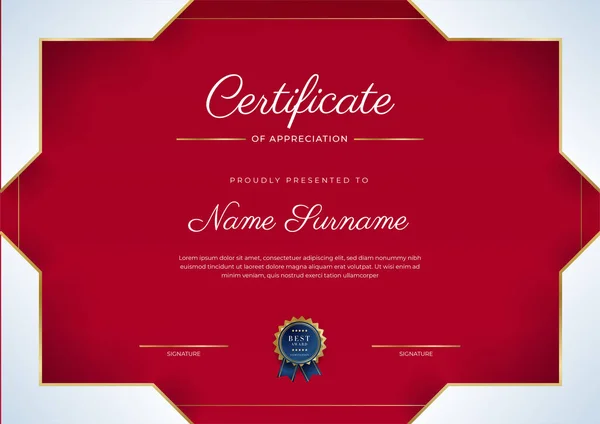 Certificado Modelo Apreciação Ouro Cor Vermelha Limpar Certificado Moderno Com —  Vetores de Stock