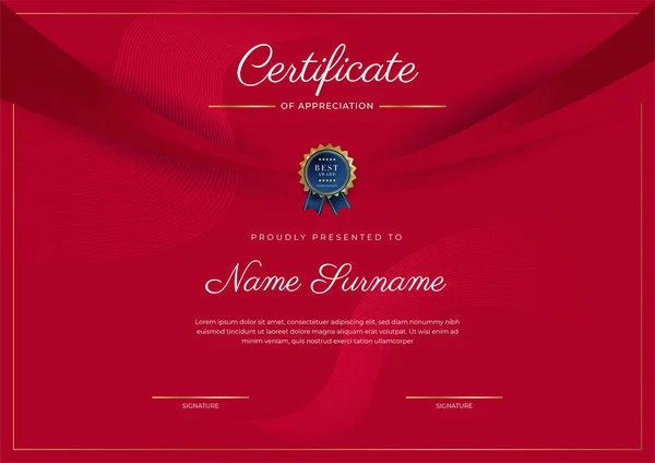 Plantilla Certificado Agradecimiento Oro Color Rojo Certificado Moderno Limpio Con — Vector de stock