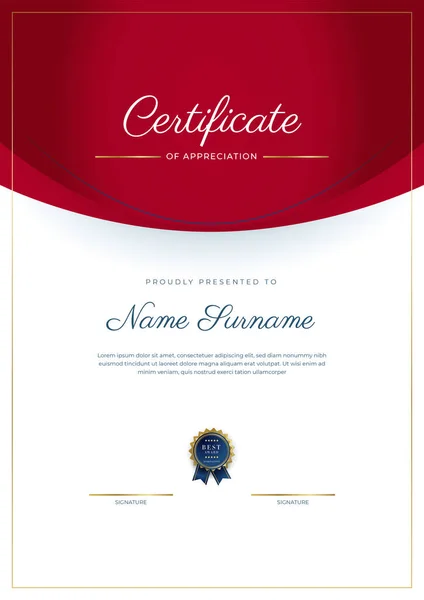 Certificate Appreciation Template Gold Red Color Clean Modern Certificate Gold — Stock Vector