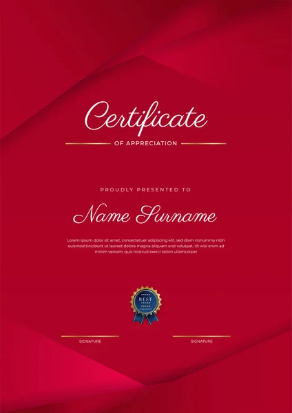 Modèle Certificat Appréciation Couleur Rouge Certificat Moderne Propre Avec Badge — Image vectorielle