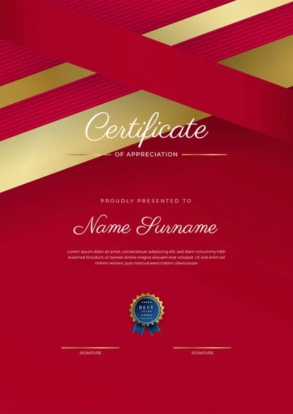 Plantilla Certificado Agradecimiento Oro Color Rojo Certificado Moderno Limpio Con — Archivo Imágenes Vectoriales