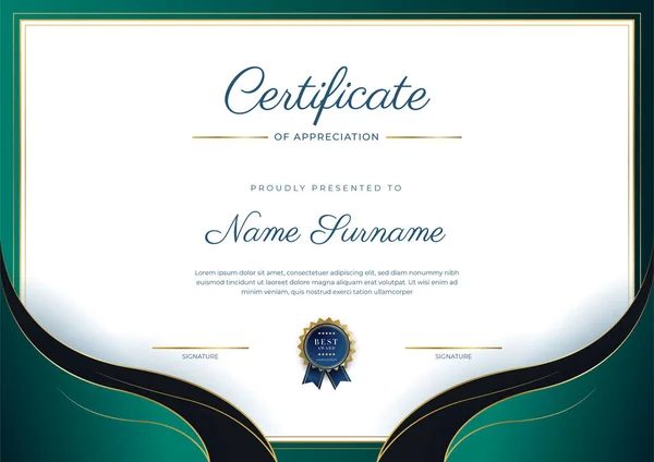 Certificate Appreciation Template Gold Black Green Color Clean Modern Certificate — Vetor de Stock