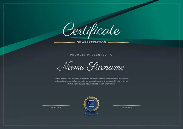 Certificate Appreciation Template Gold Black Green Color Clean Modern Certificate —  Vetores de Stock