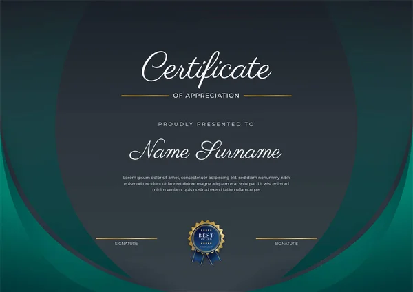 Certificate Appreciation Template Gold Black Green Color Clean Modern Certificate — Stock vektor