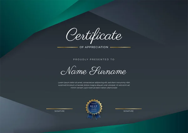 Modèle Certificat Appréciation Noir Couleur Verte Certificat Moderne Propre Avec — Image vectorielle