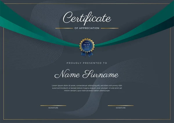 Certificate Appreciation Template Gold Black Green Color Clean Modern Certificate — стоковый вектор