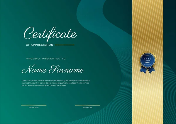 Plantilla Certificado Agradecimiento Oro Color Verde Negro Certificado Moderno Limpio — Archivo Imágenes Vectoriales