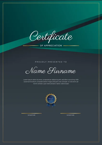 Certificate Appreciation Template Gold Black Green Color Clean Modern Certificate — Stock vektor