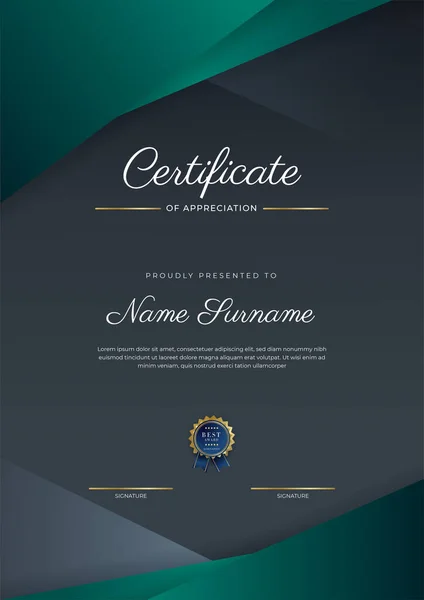 Plantilla Certificado Agradecimiento Oro Color Verde Negro Certificado Moderno Limpio — Vector de stock