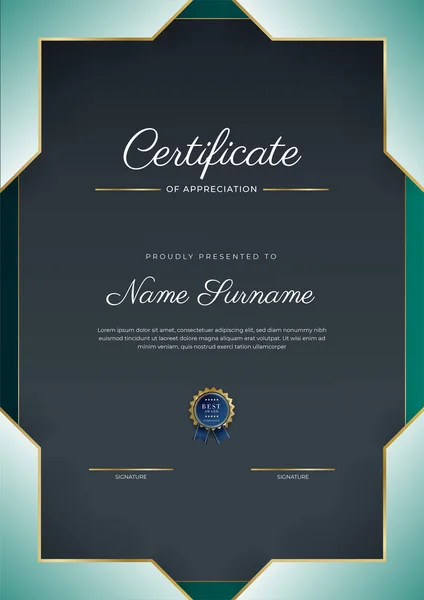 Сертифікат Шаблону Вдячності Золотий Чорно Зелений Колір Чистий Сучасний Сертифікат — стоковий вектор