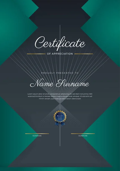 Certificate Appreciation Template Gold Black Green Color Clean Modern Certificate — Stockvektor