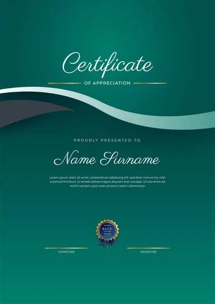 Certificate Appreciation Template Gold Black Green Color Clean Modern Certificate — Stock vektor