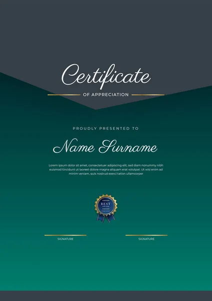 Certificate Appreciation Template Gold Black Green Color Clean Modern Certificate — Stockový vektor