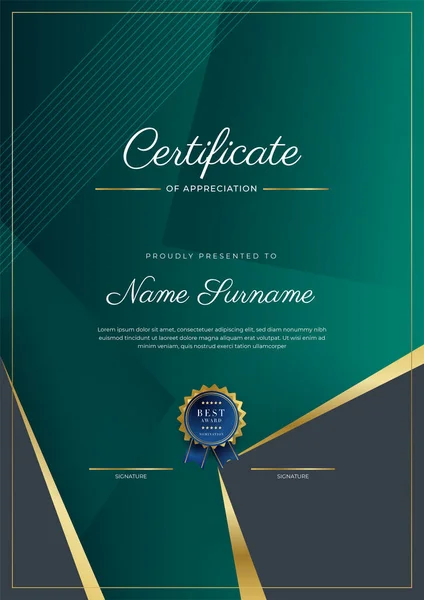 Certificate Appreciation Template Gold Black Green Color Clean Modern Certificate — Stock Vector